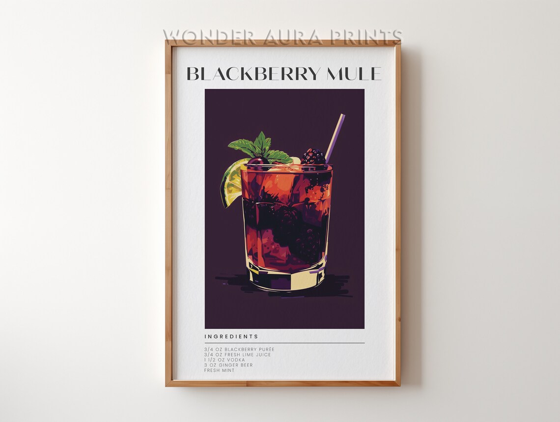 Blackberry Mule Vodka Ginger Beer Cocktail Recipe Moody Purple Bar Poster