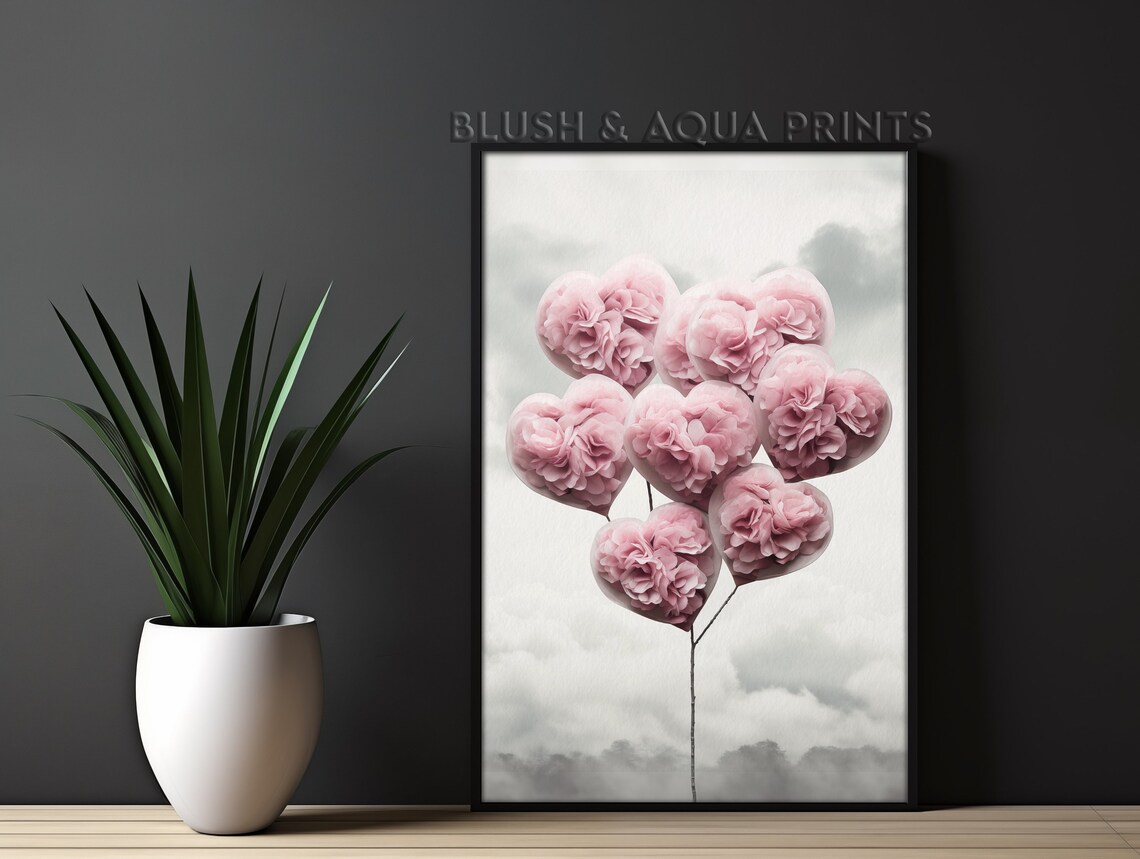 Pink Rose Heart Balloons Blush Aesthetic Floral Art Wall Poster