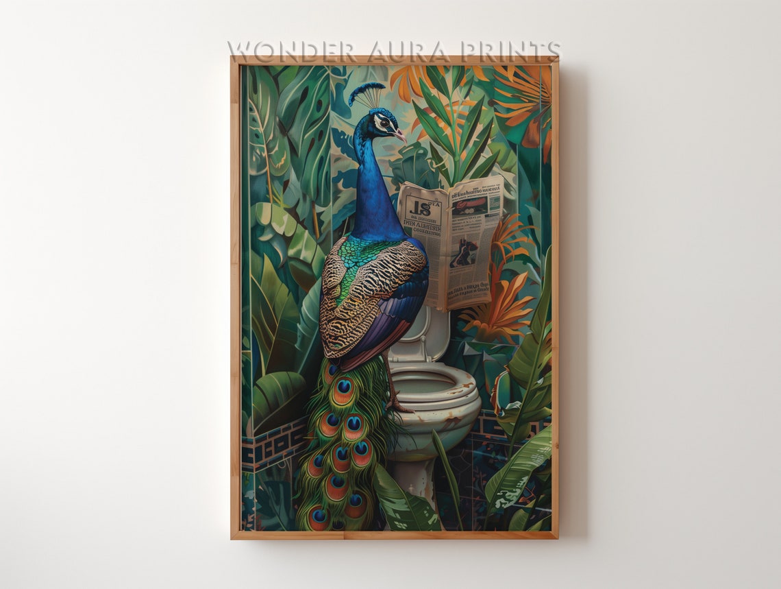 Peacock Reading a Newspaper on a Toilet Jungle Bathroom Wall Art