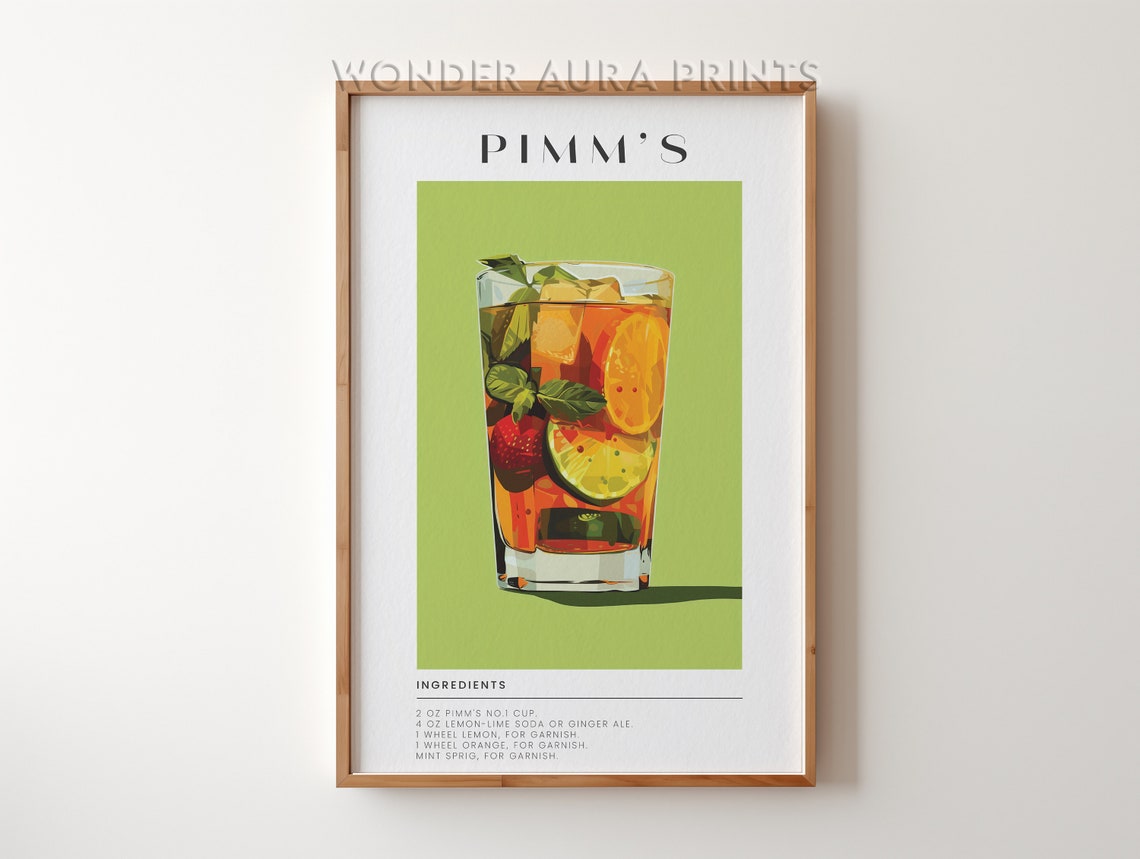 Pimm's No.1 Cup Cocktail Recipe Tall Glass Green Retro Bar Print
