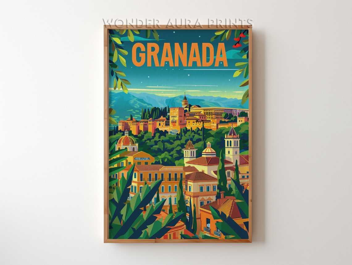 Granada Spain Alhambra Palace Cityscape at Dusk Travel Poster