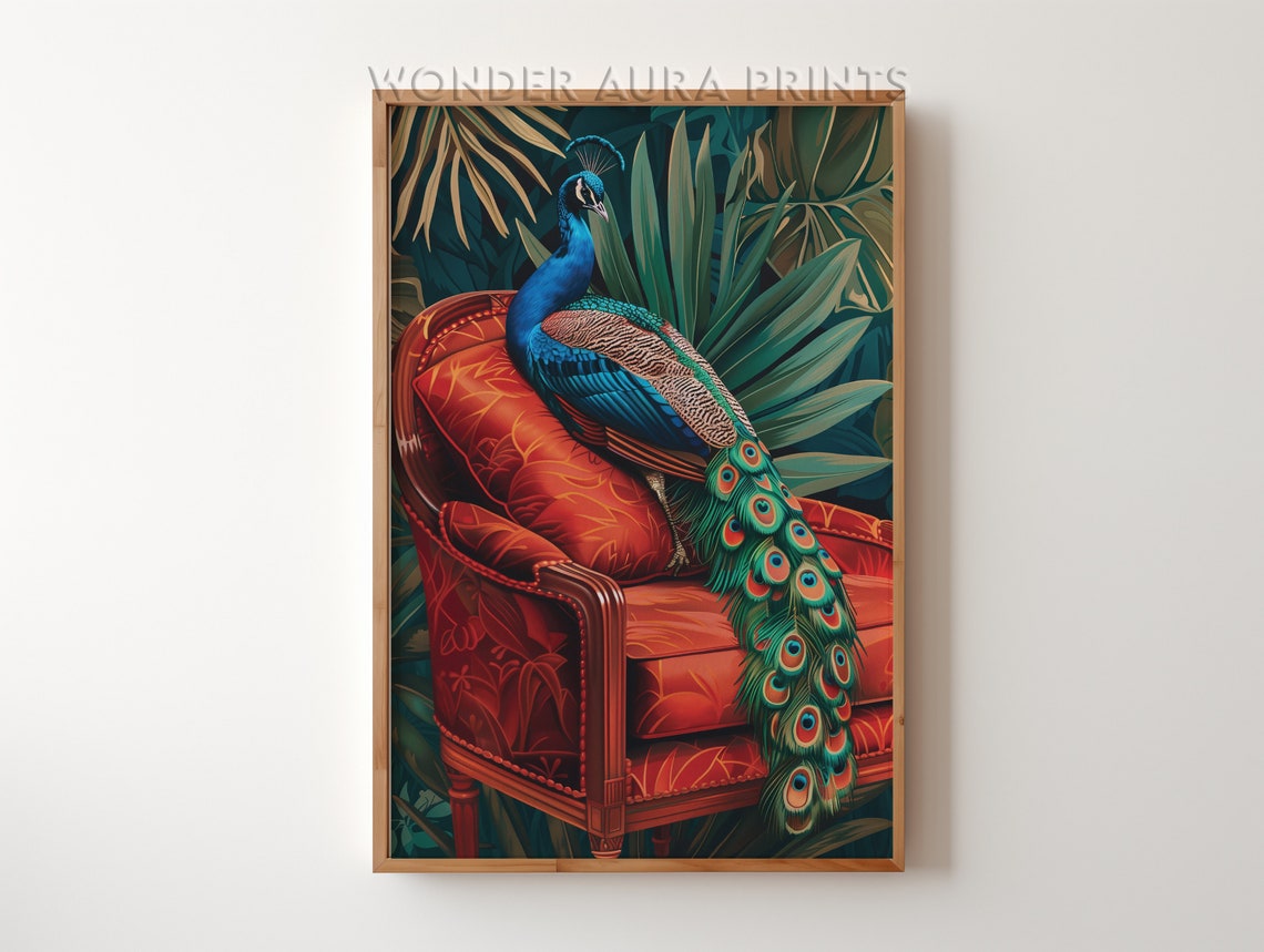 Peacock Resting On Red Velvet Armchair Jungle Maximalist Art Print