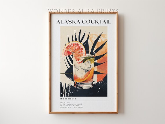 Alaska Cocktail Gin Yellow Chartreuse Recipe Art Deco Botanical Bar Poster