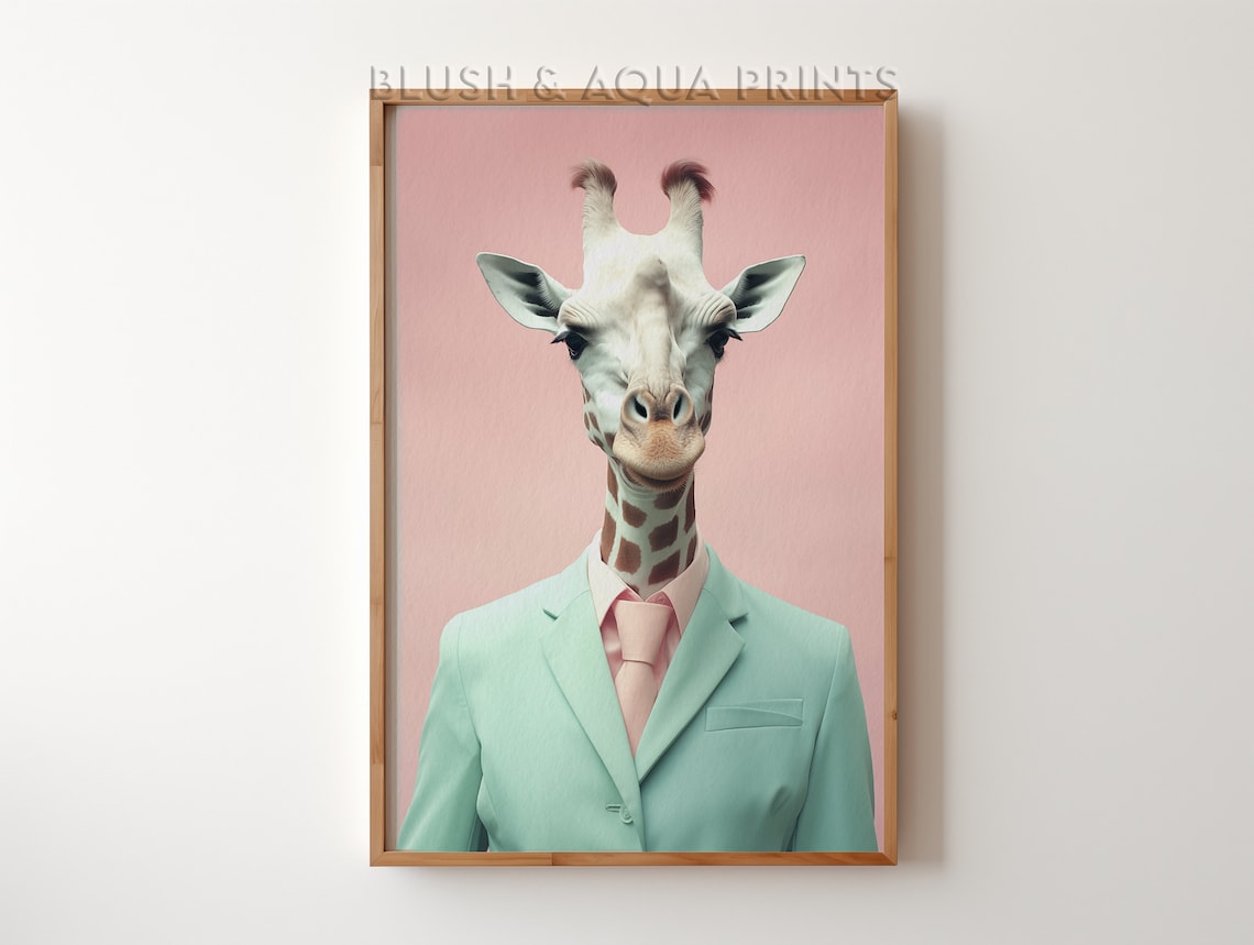 Giraffe In A Mint Suit With Pink Tie Quirky Animal Portrait Print