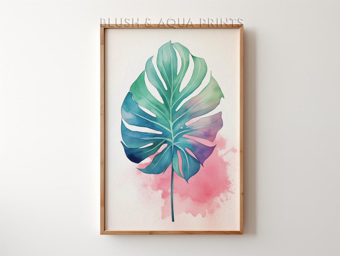 Watercolor Monstera Leaf in Pink and Teal Botanical Art Poster