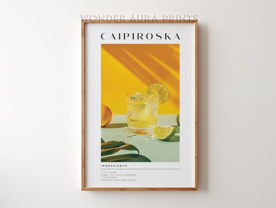 Caipiroska Vodka Lime Cocktail Recipe Bright Yellow Retro Bar Poster