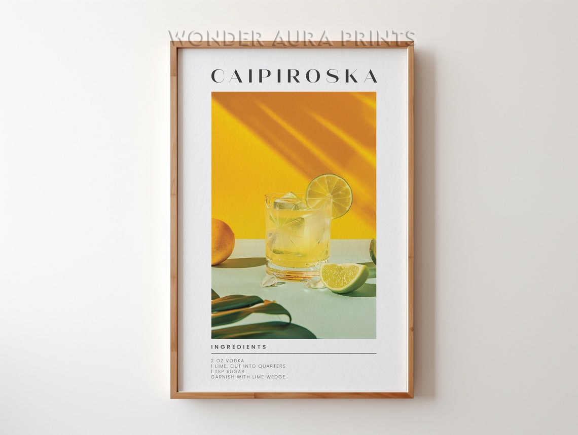 Caipiroska Vodka Lime Cocktail Recipe Bright Yellow Retro Bar Poster