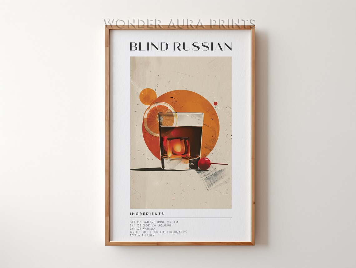 Blind Russian Cream Liqueur Cocktail Recipe Art Deco Bar Cart Poster