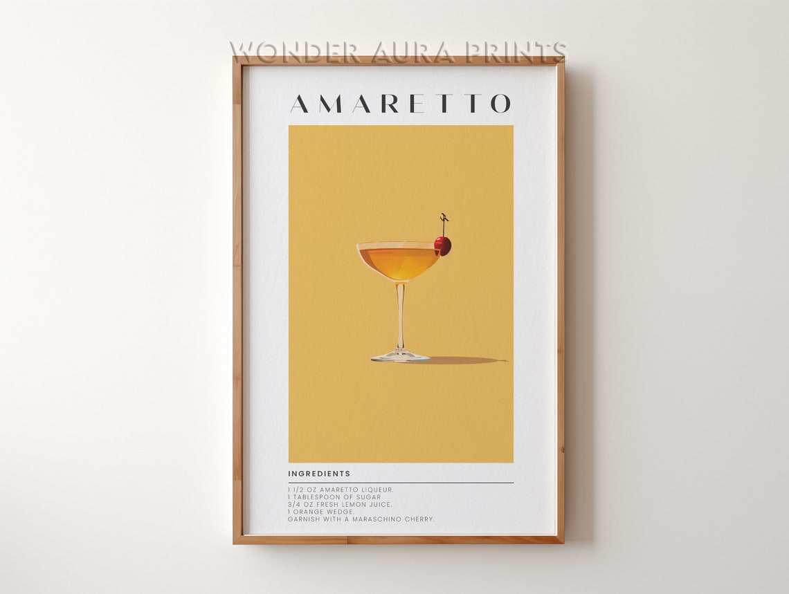 Amaretto Cocktail Recipe with Cherry Garnish on Mustard Art Poster