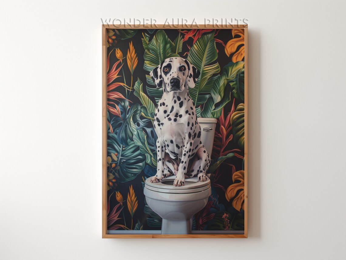 Dalmatian Dog Sitting On Toilet Tropical Bathroom Art Poster