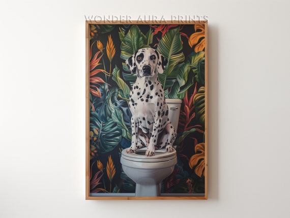 Funny Bathroom Art Dalmatian Sitting On Toilet Dopamine Decor Maximalist Jungle Wall Wonder Aura Prints