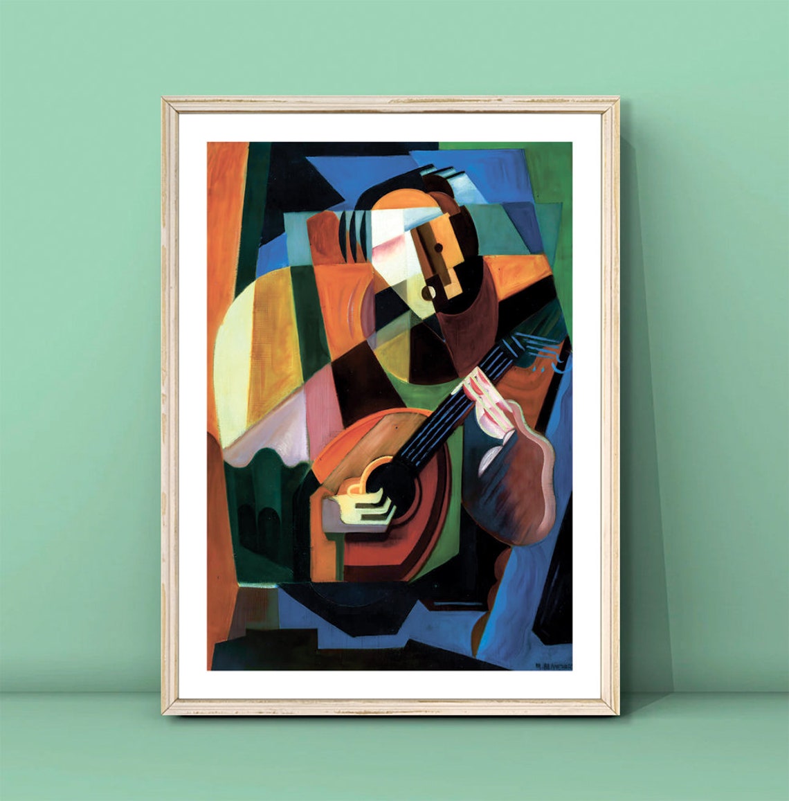 Bold Cubist Guitar Player Abstract Geometric Musician Art Poster
