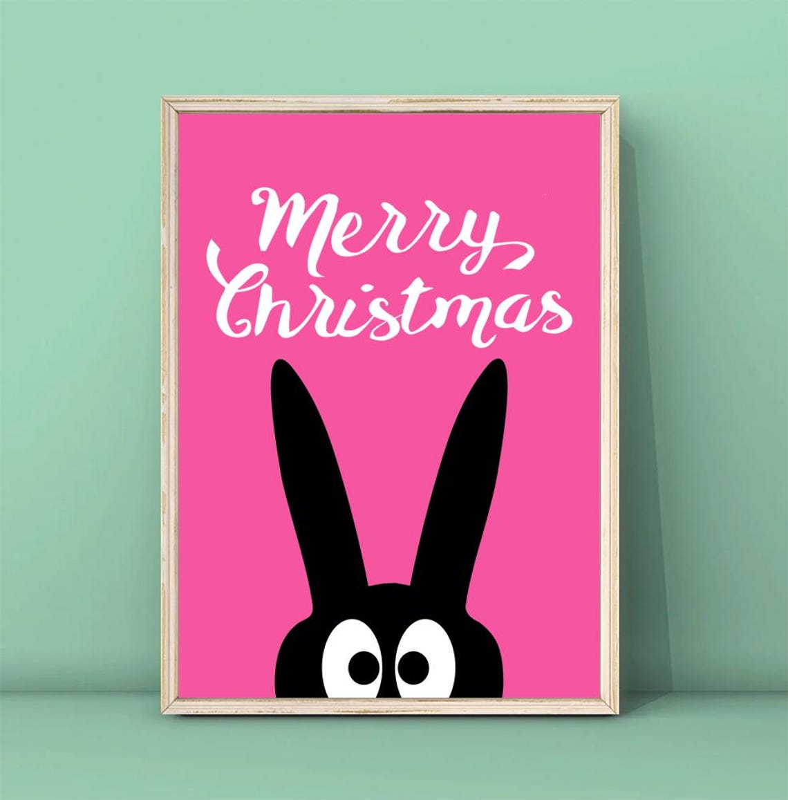 Merry Christmas Pink Funny Peeking Bunny Script Holiday Print
