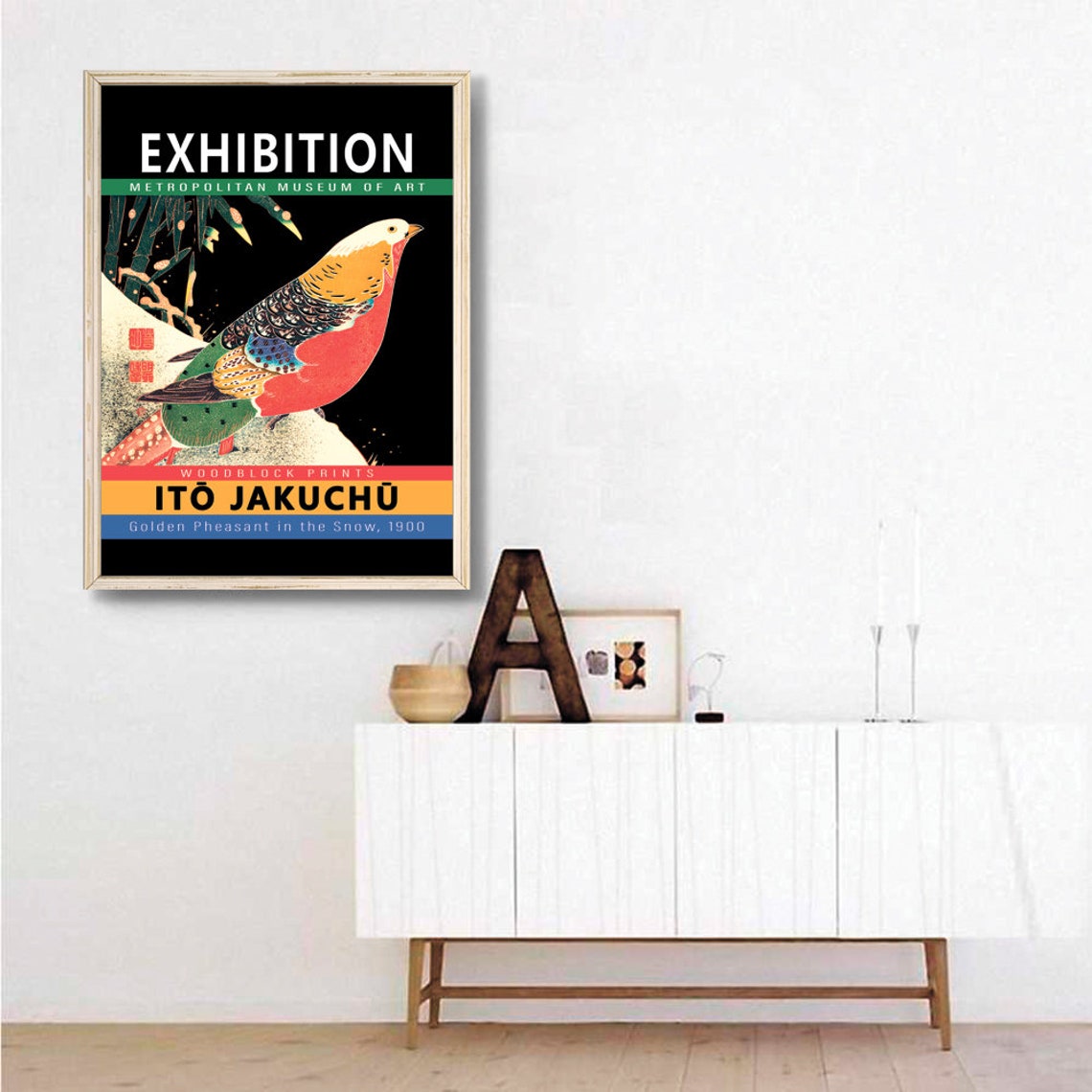 Ito Jakuchu Golden Pheasant Snow Woodblock Exhibition Poster - Image 3