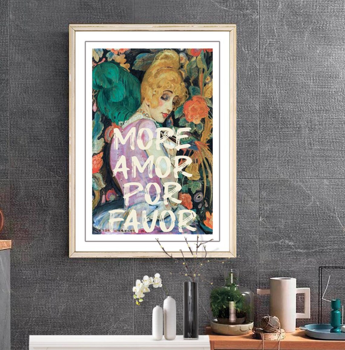 More Amor Por Favor Over Floral Woman Painting Altered Art Print - Image 2