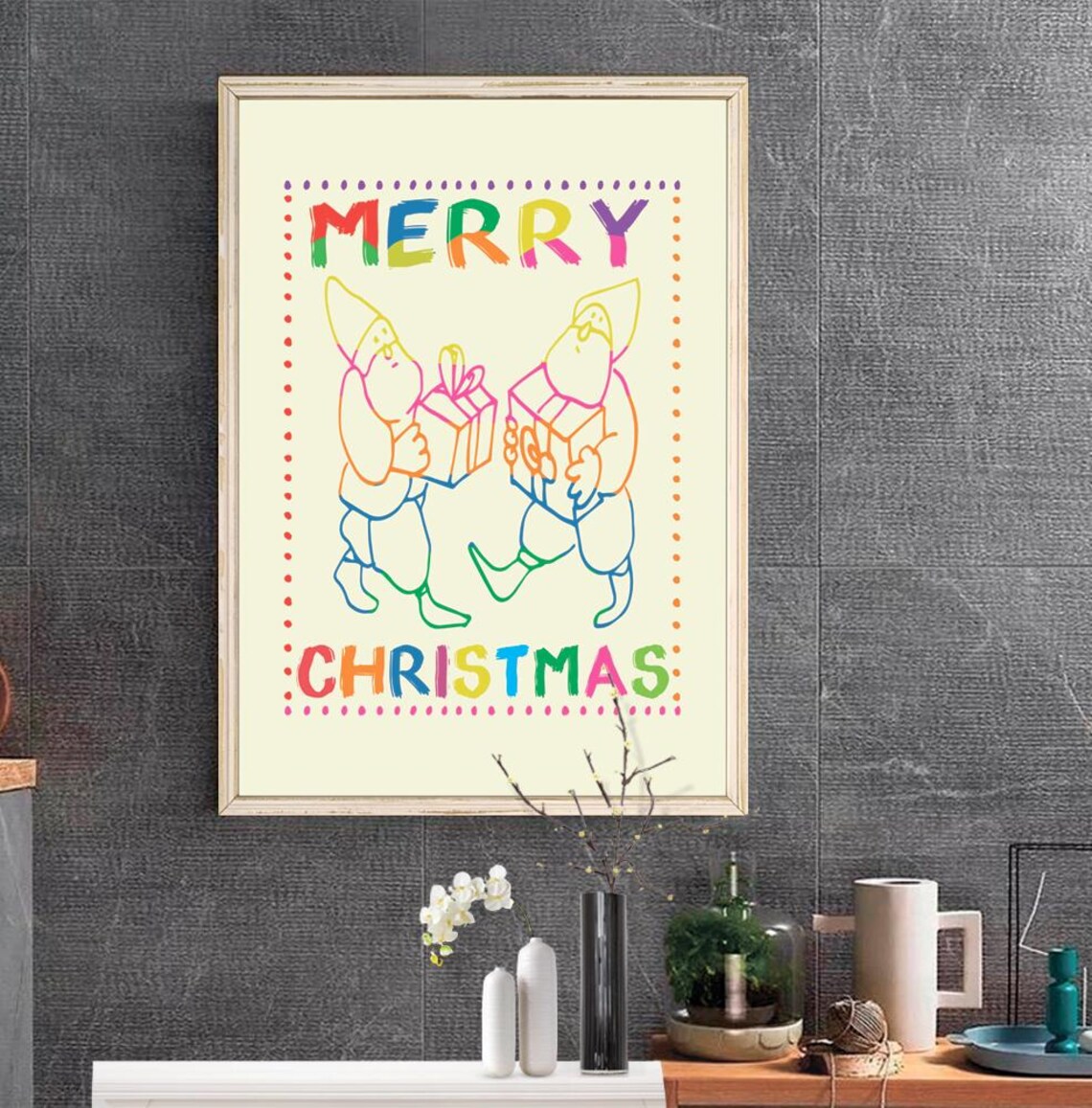 Merry Christmas Rainbow Elves Carrying Gifts Playful Holiday Print - Image 2
