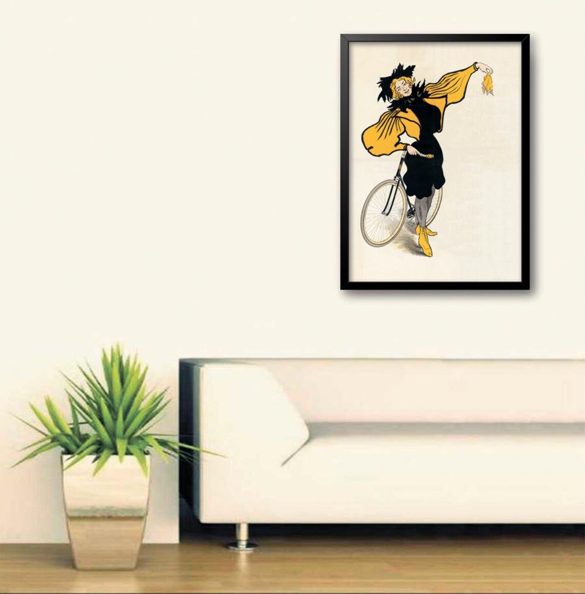 Vintage Woman Cyclist Black Yellow Dress Bicycle Retro Art Poster - Image 3