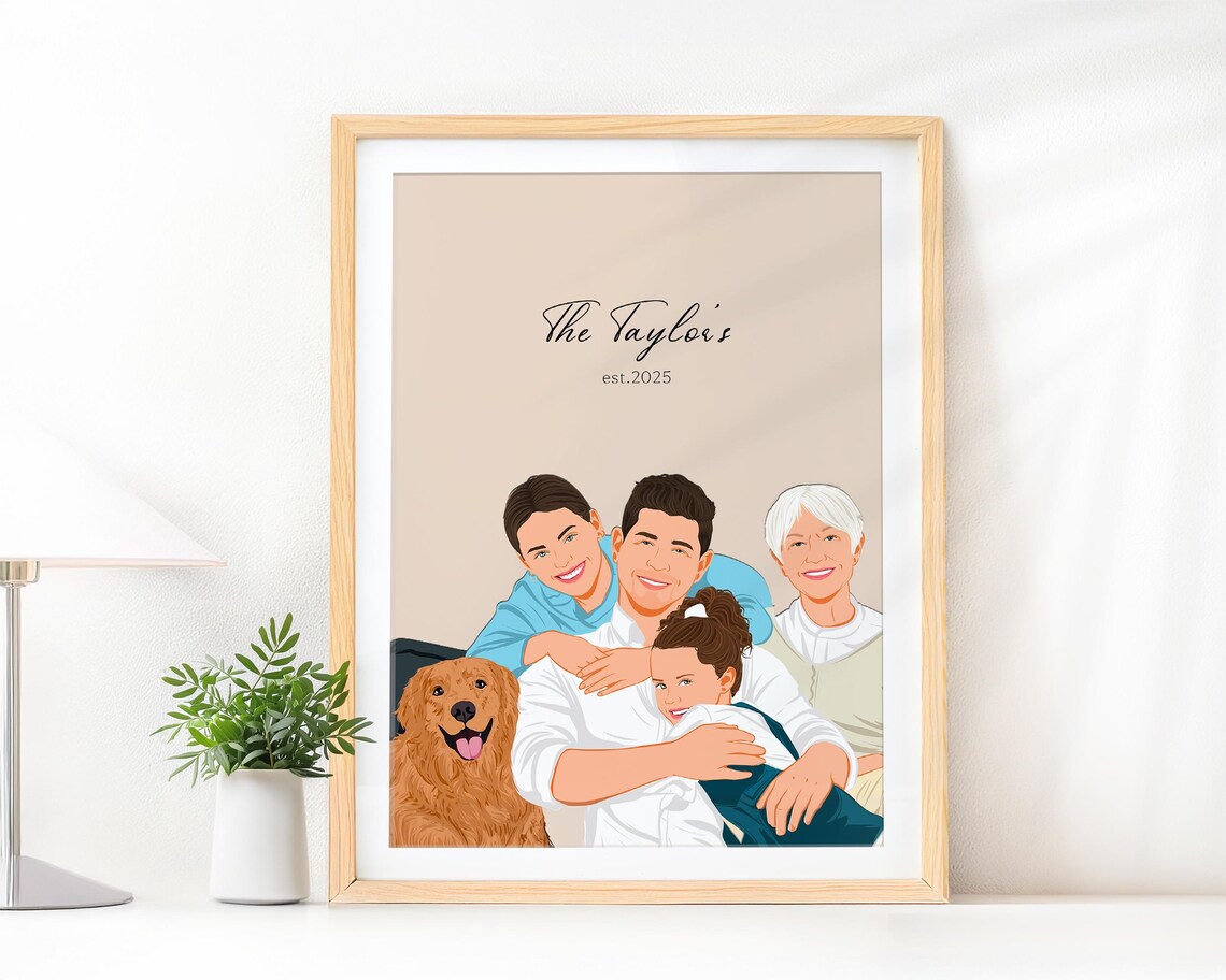 Custom Family Group Hug Portrait with Dog from Photo Art Poster