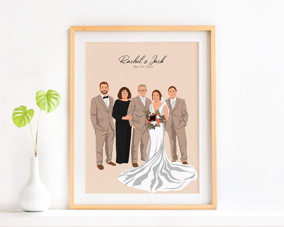 Custom Wedding Day Group Portrait Illustration Poster Rachel and Jack
