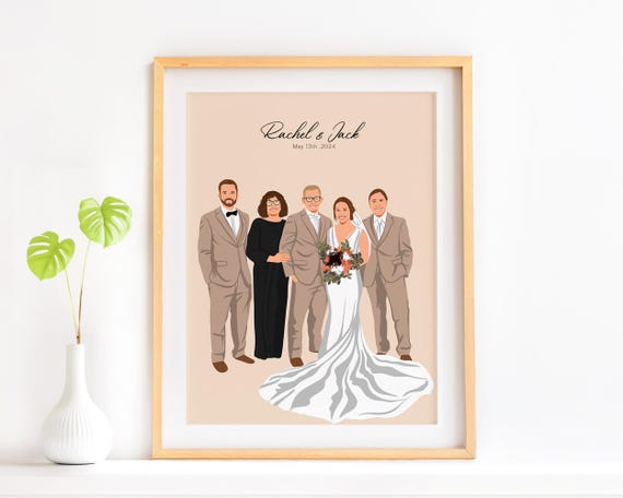 Custom Wedding Day Group Portrait Illustration Poster Rachel and Jack