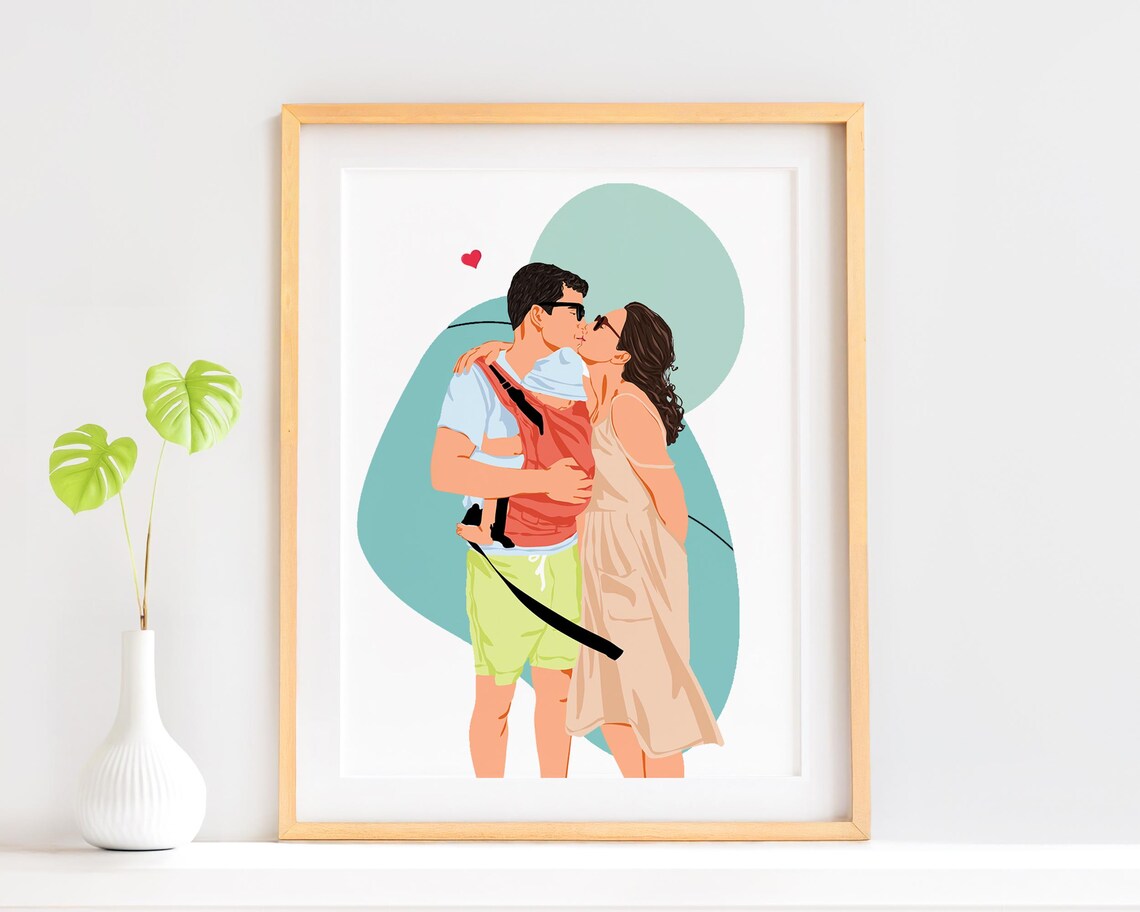 Custom Kissing Couple with Baby Carrier Faceless Portrait Poster