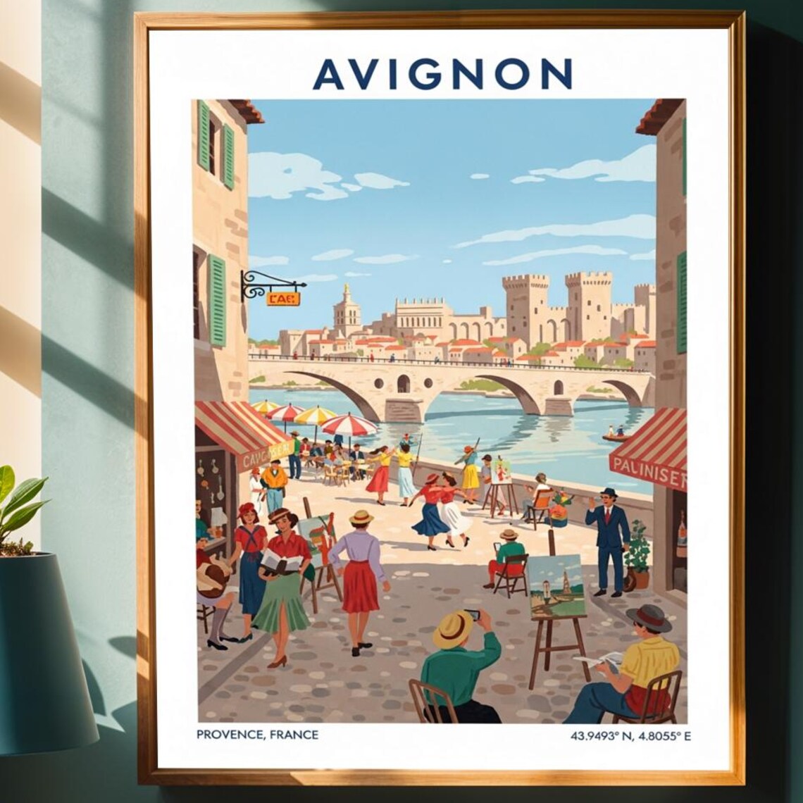 Avignon France Riverside Bridge Cafe Scene Vintage Travel Poster