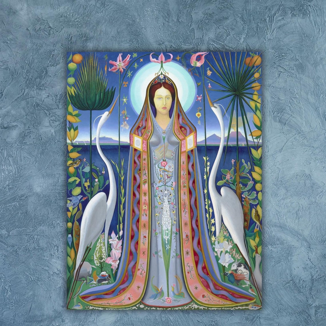 Symbolist Madonna With Halo and White Herons Night Garden Poster