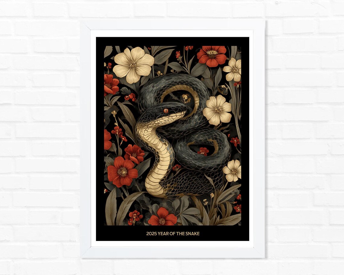 2025 Year of the Snake Coiled Snake Red Flowers Dark Botanical Poster - Image 2