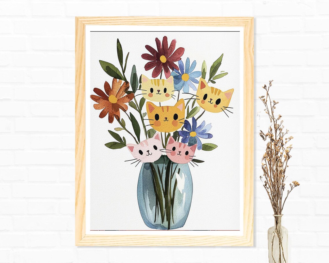 Cute Cats in Flower Bouquet Watercolor Kittens Daisy Vase Poster