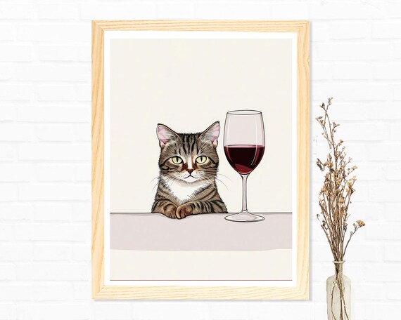 Tabby Cat with Red Wine Glass Cute Kitchen Cat Lover Decor Poster
