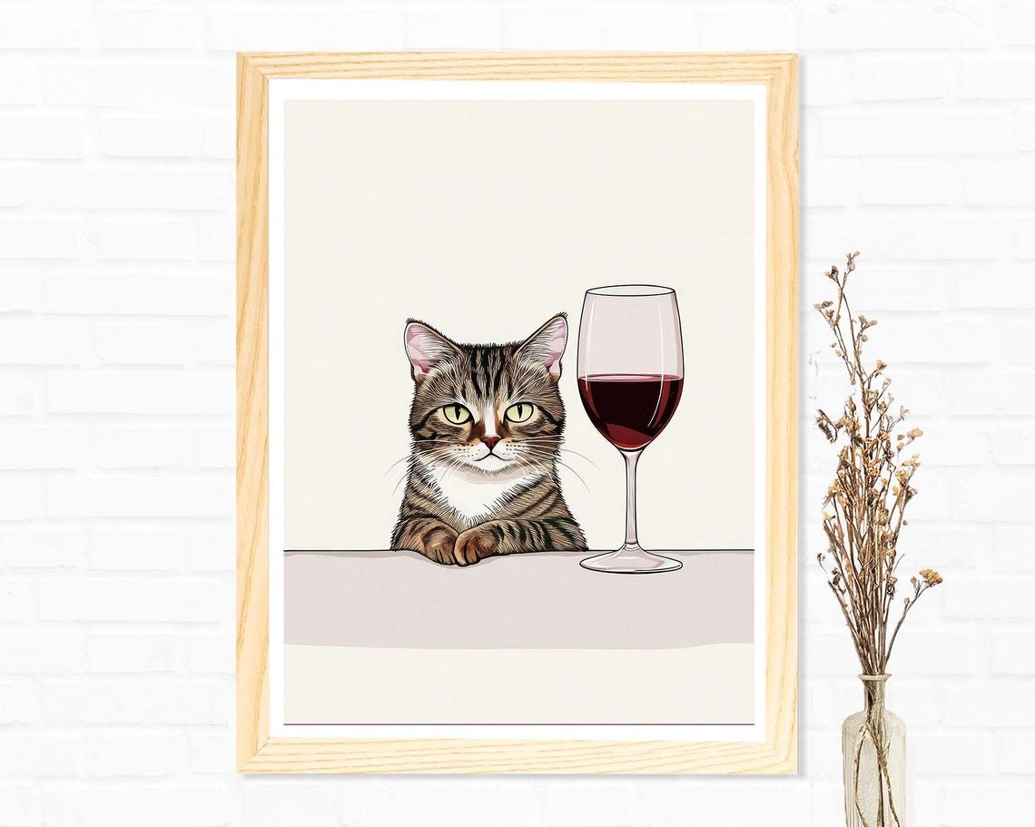 Tabby Cat with Red Wine Glass Cute Kitchen Cat Lover Decor Poster