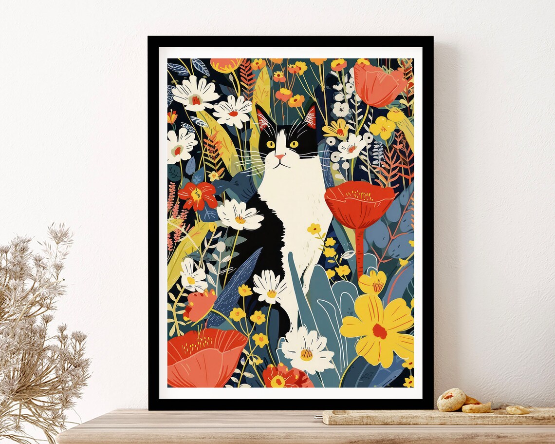 Black and White Cat in Flower Garden Colorful Botanical Cat Art Poster - Image 3