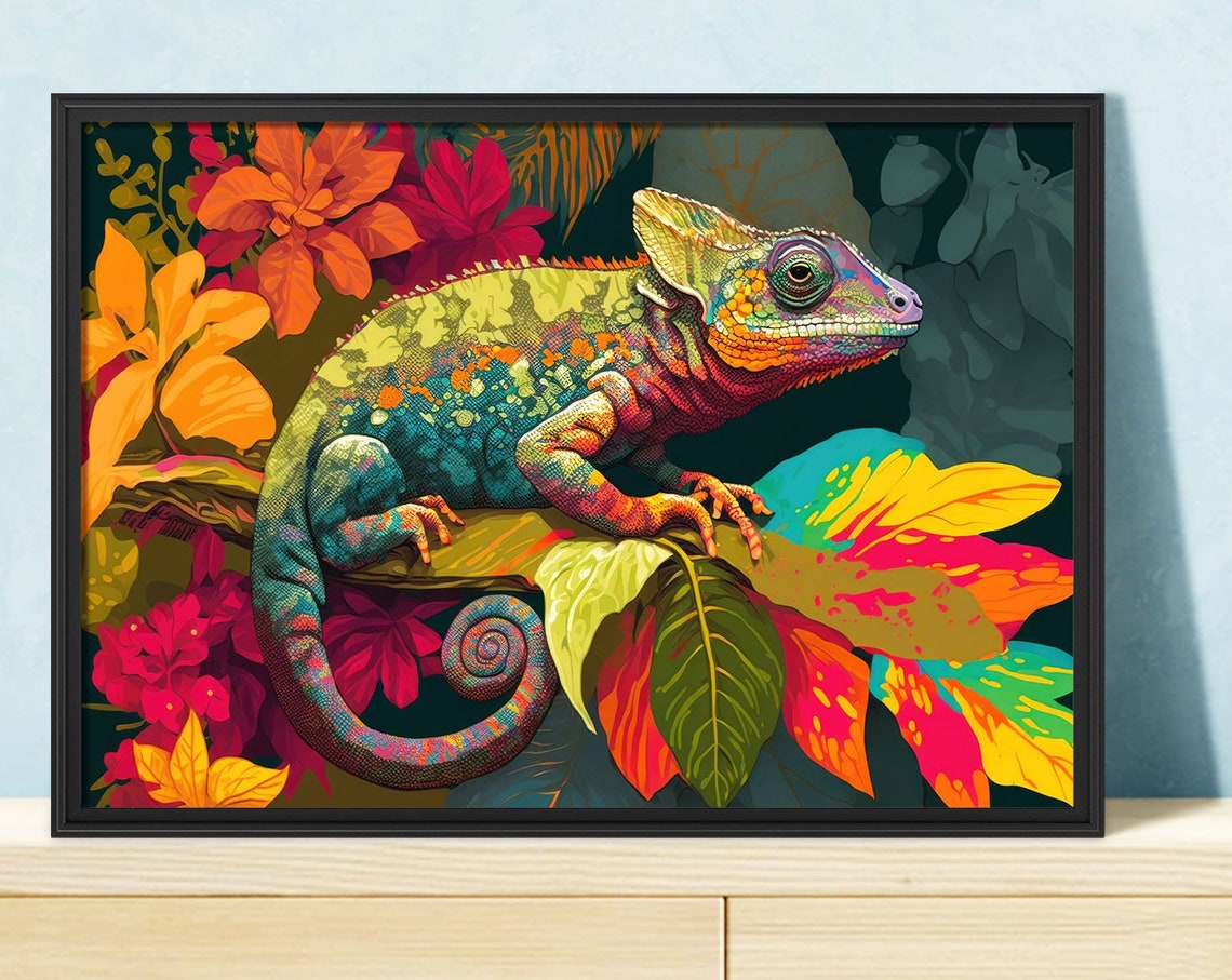 Colorful Chameleon Perched Among Tropical Blossoms Art Poster