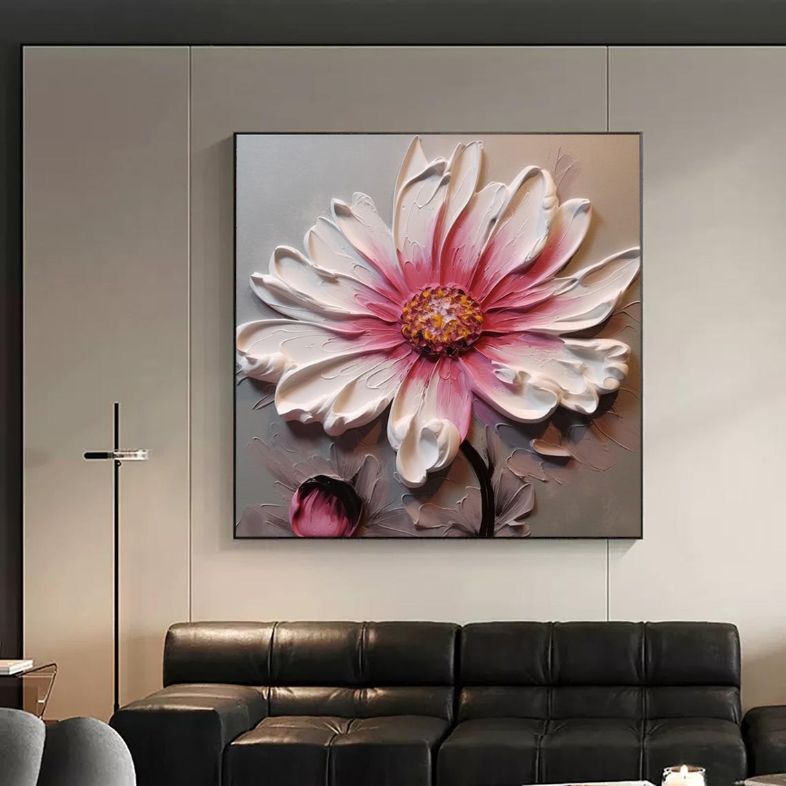 White Pink Daisy Flower Bud 3D Impasto Blooming Floral Square Poster - Image 2