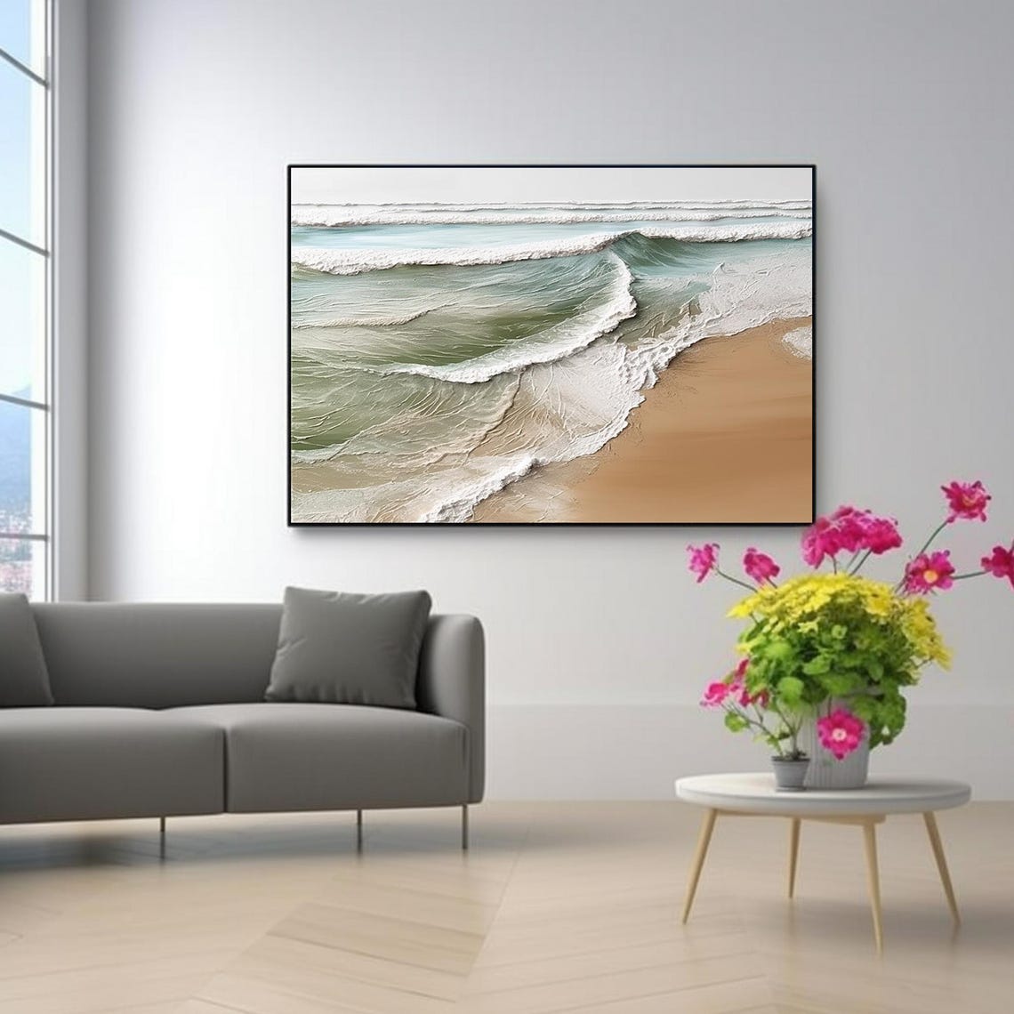 Teal Ocean Waves Washing Tan Sand Beach Panoramic Seascape Art Poster - Image 3