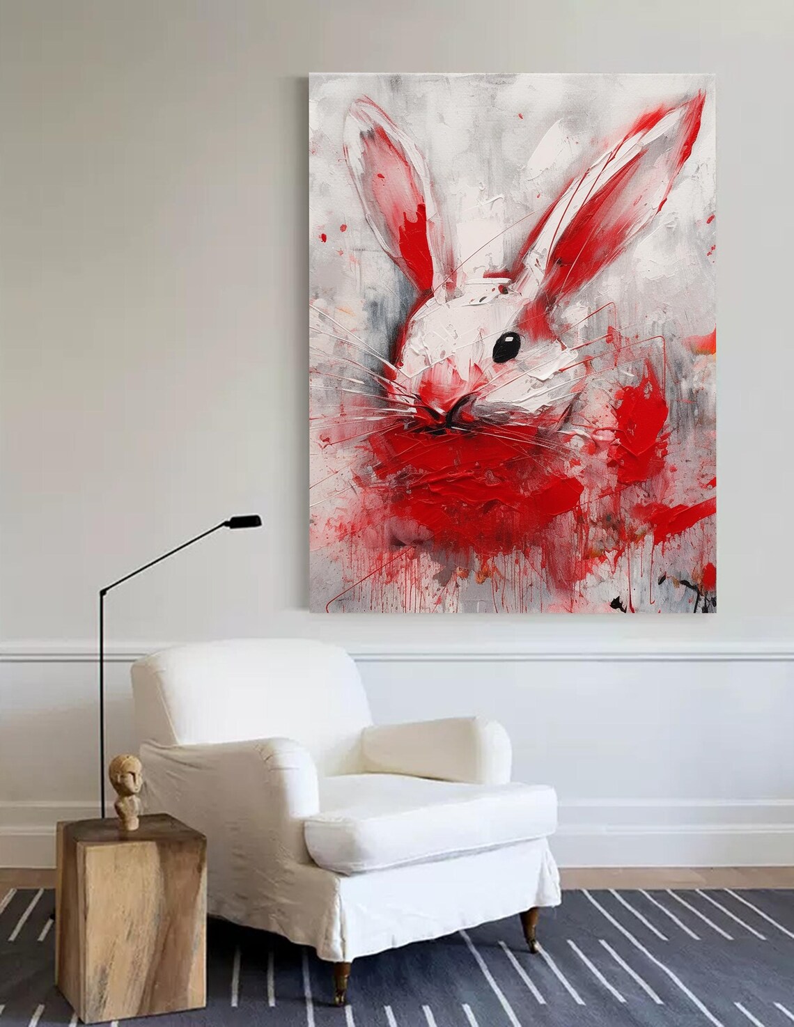 Abstract Red White Rabbit Oil Painting Modern Bunny Animal Canvas Wall Art - Image 2