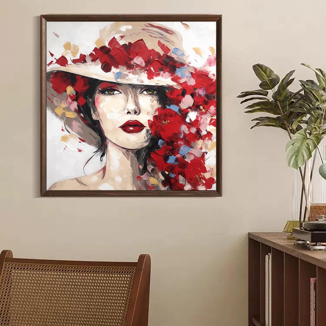 Elegant Woman Red Floral Hat Bold Red Lips Modern Abstract Portrait Poster - Image 3