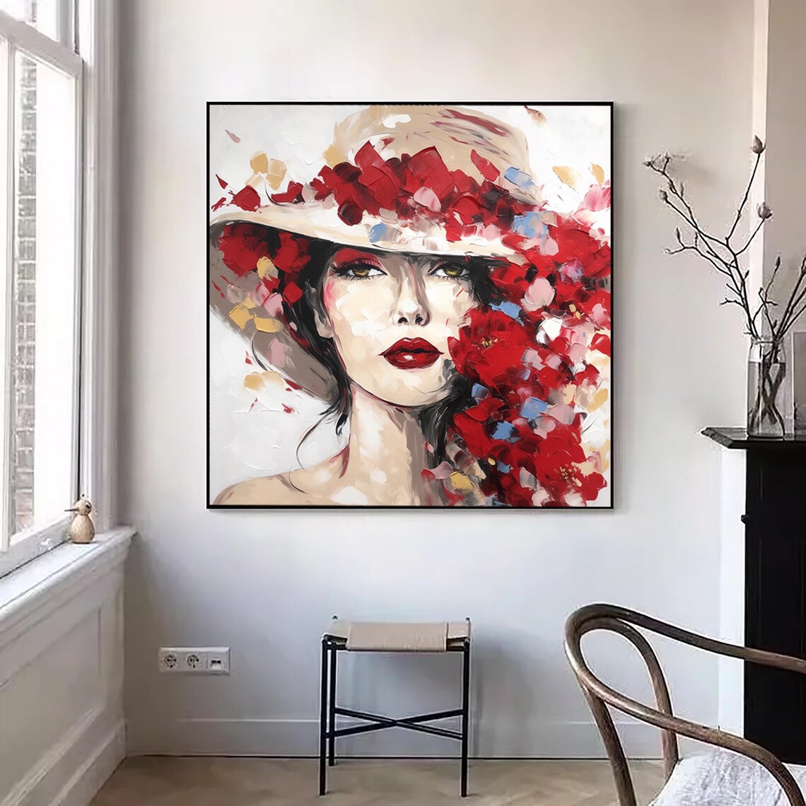 Elegant Woman Red Floral Hat Bold Red Lips Modern Abstract Portrait Poster - Image 2