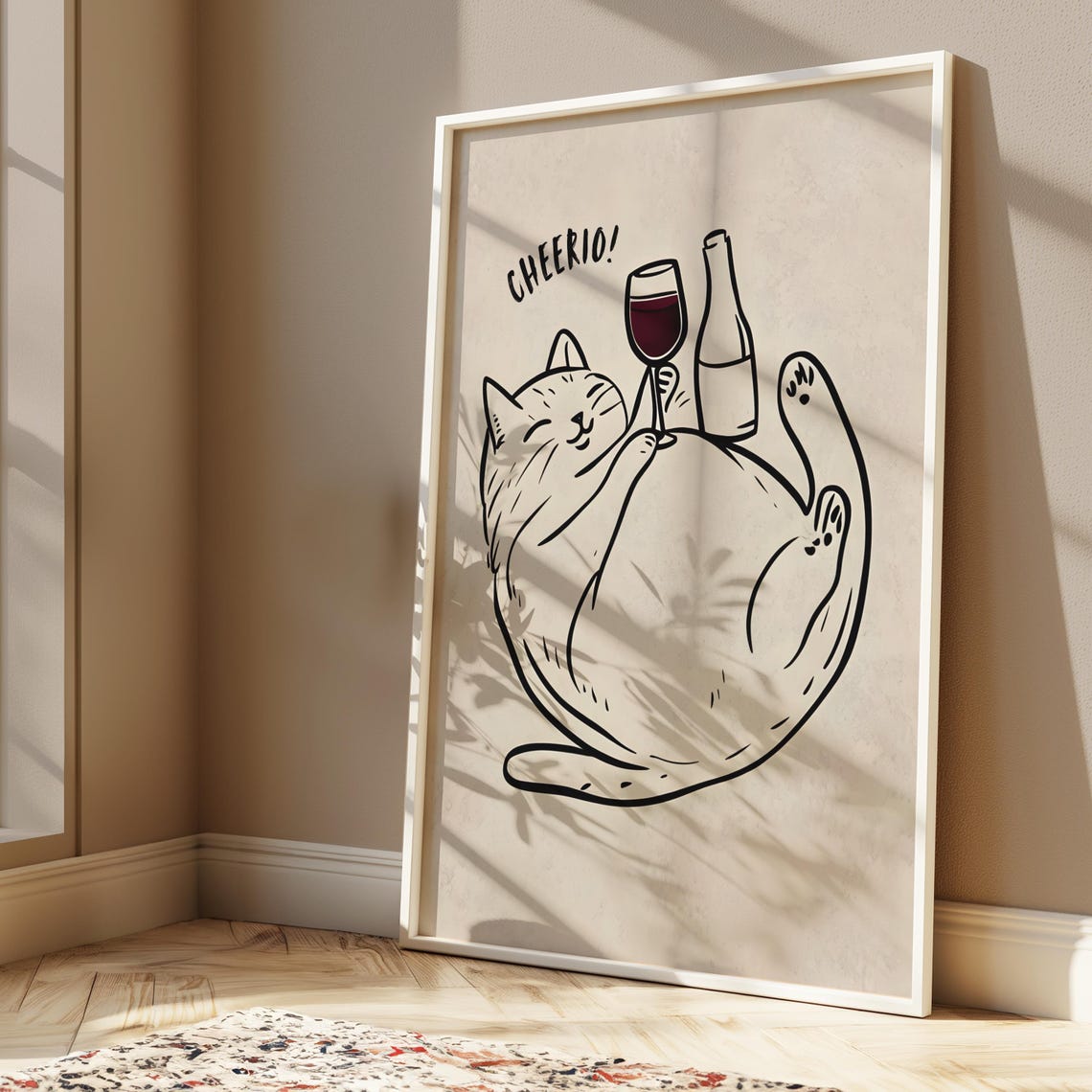 Cheerio Cat Lounging With Red Wine Bottle Funny Line Art Poster - Image 3