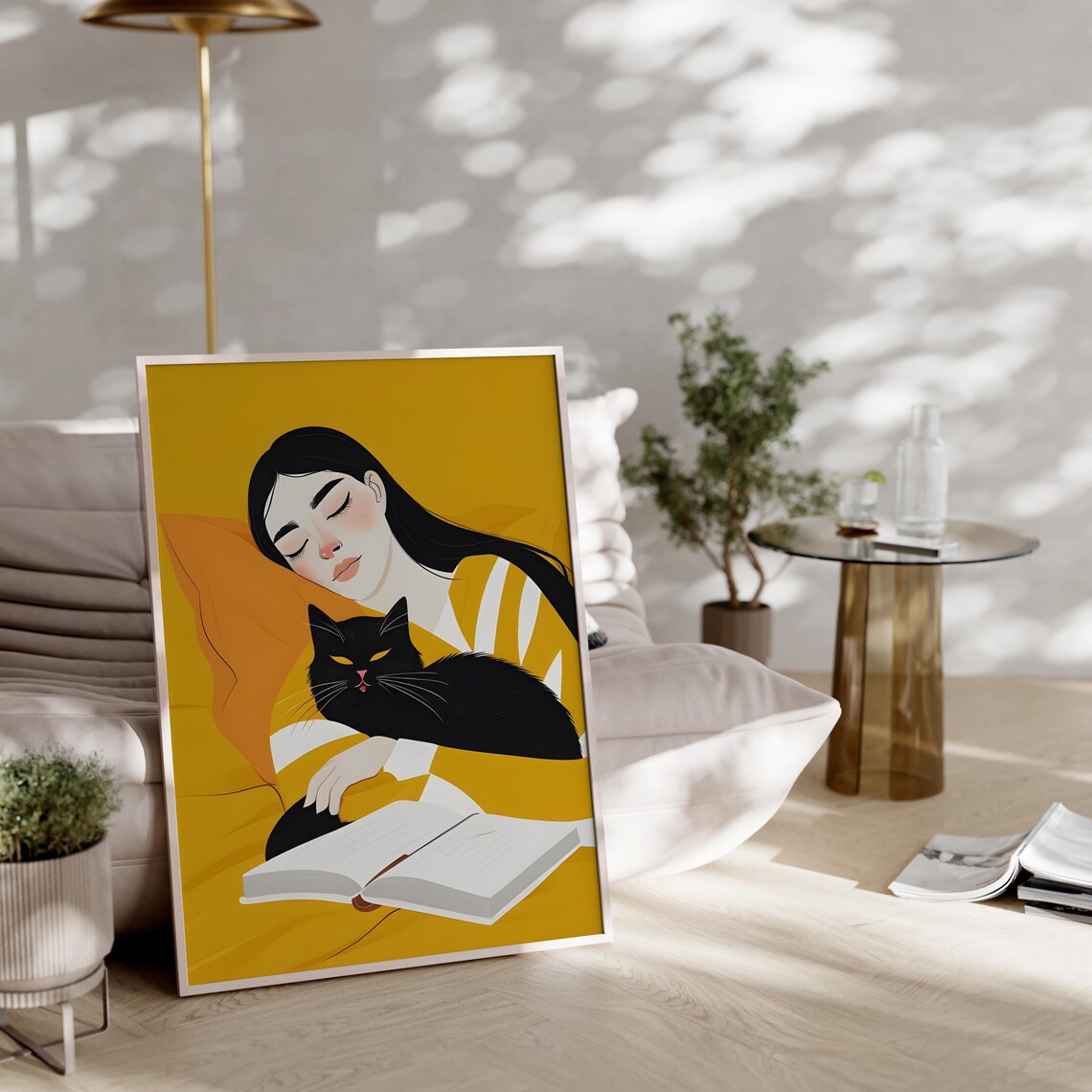 Black Cat Girl Reading With Book Yellow Japanese Illustration Poster - Image 5