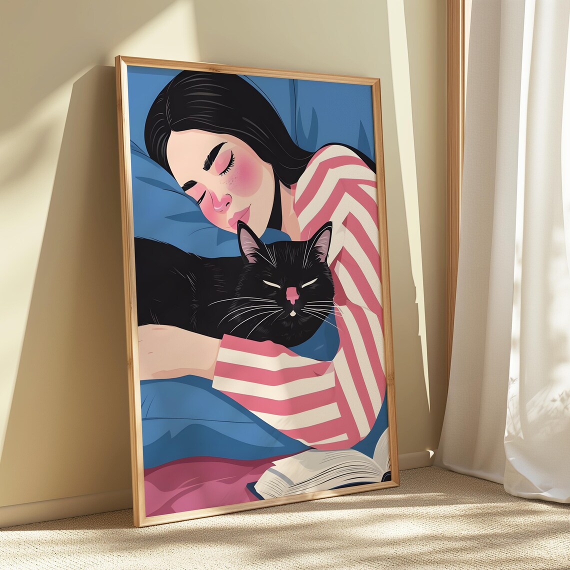 Woman Sleeping With Black Cat Blue Pink Japanese Style Art Poster - Image 5
