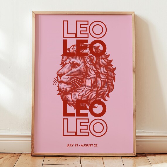Leo Zodiac Lion Red On Pink Typography Astrology Sign Poster