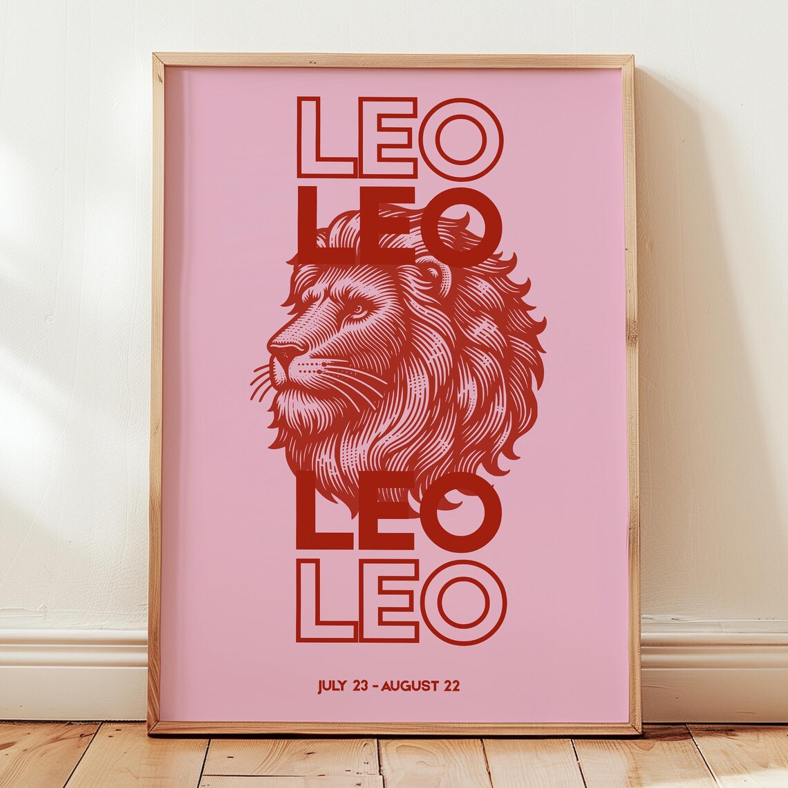 Leo Zodiac Lion Red On Pink Typography Astrology Sign Poster