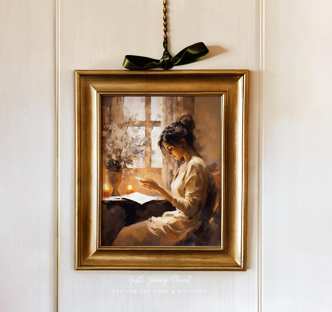 Woman Reading Letter By Candlelit Window Vintage Oil Painting Art Poster