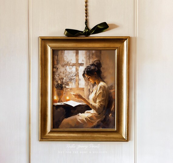 Woman Reading Letter By Candlelit Window Vintage Oil Painting Art Poster