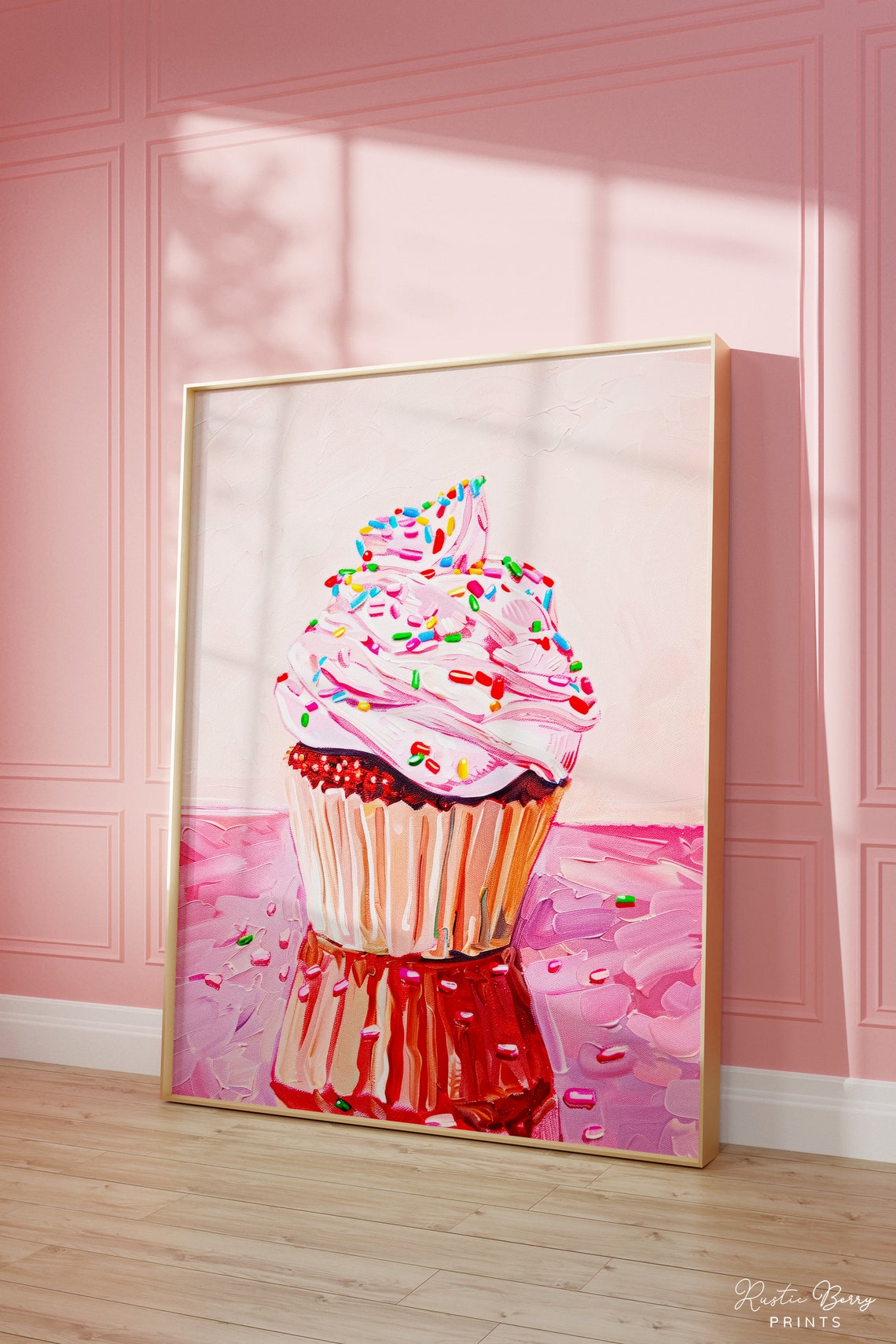 Pink Frosted Cupcake Rainbow Sprinkles Retro Bakery Kitchen Poster