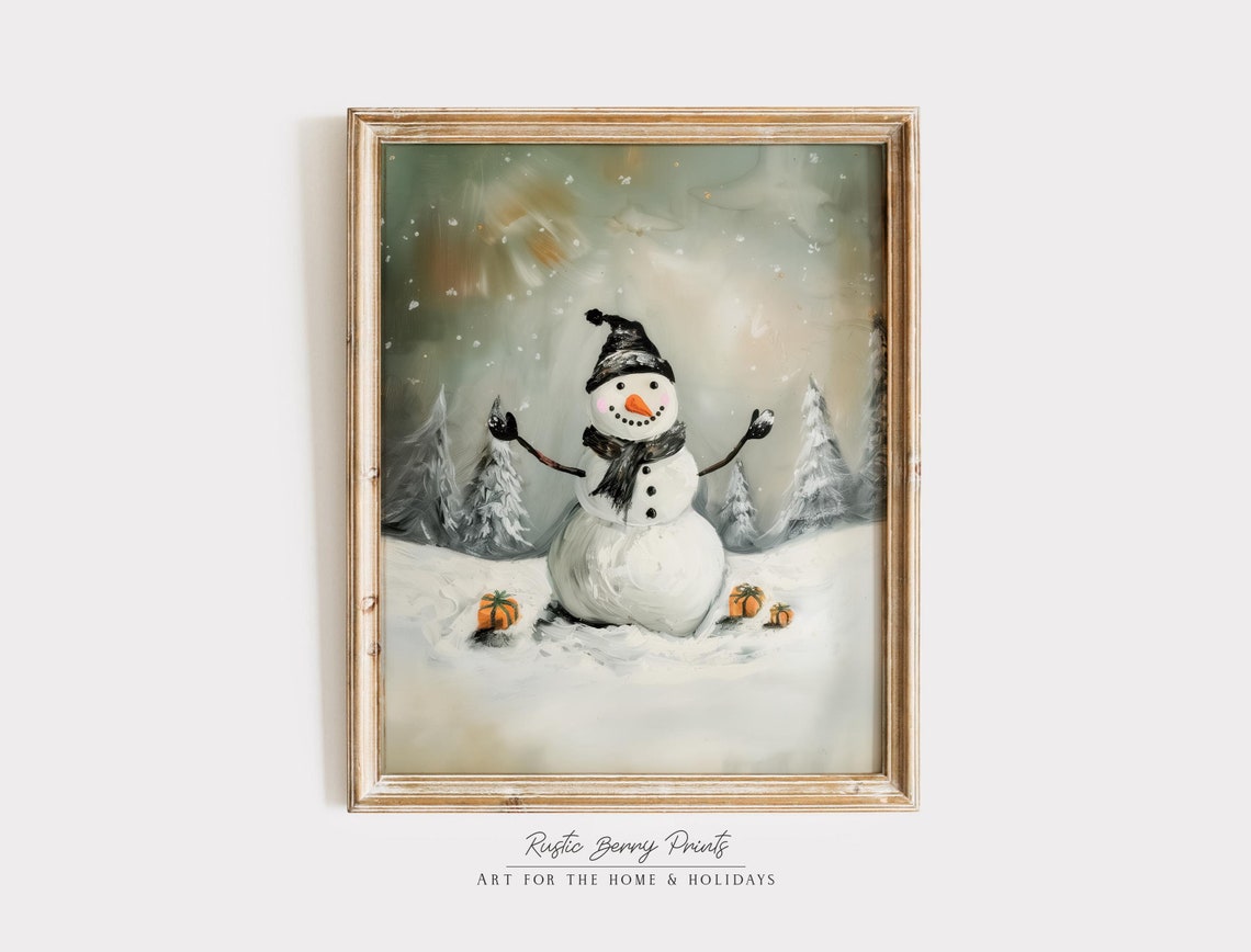 Smiling Snowman With Gifts In Snowy Winter Forest Cute Holiday Print