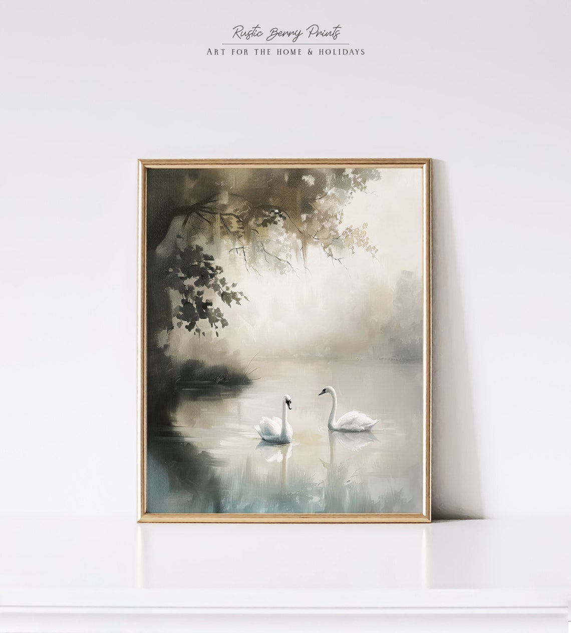 Two White Swans Misty Lake Monochrome Vintage Painting Wall Art