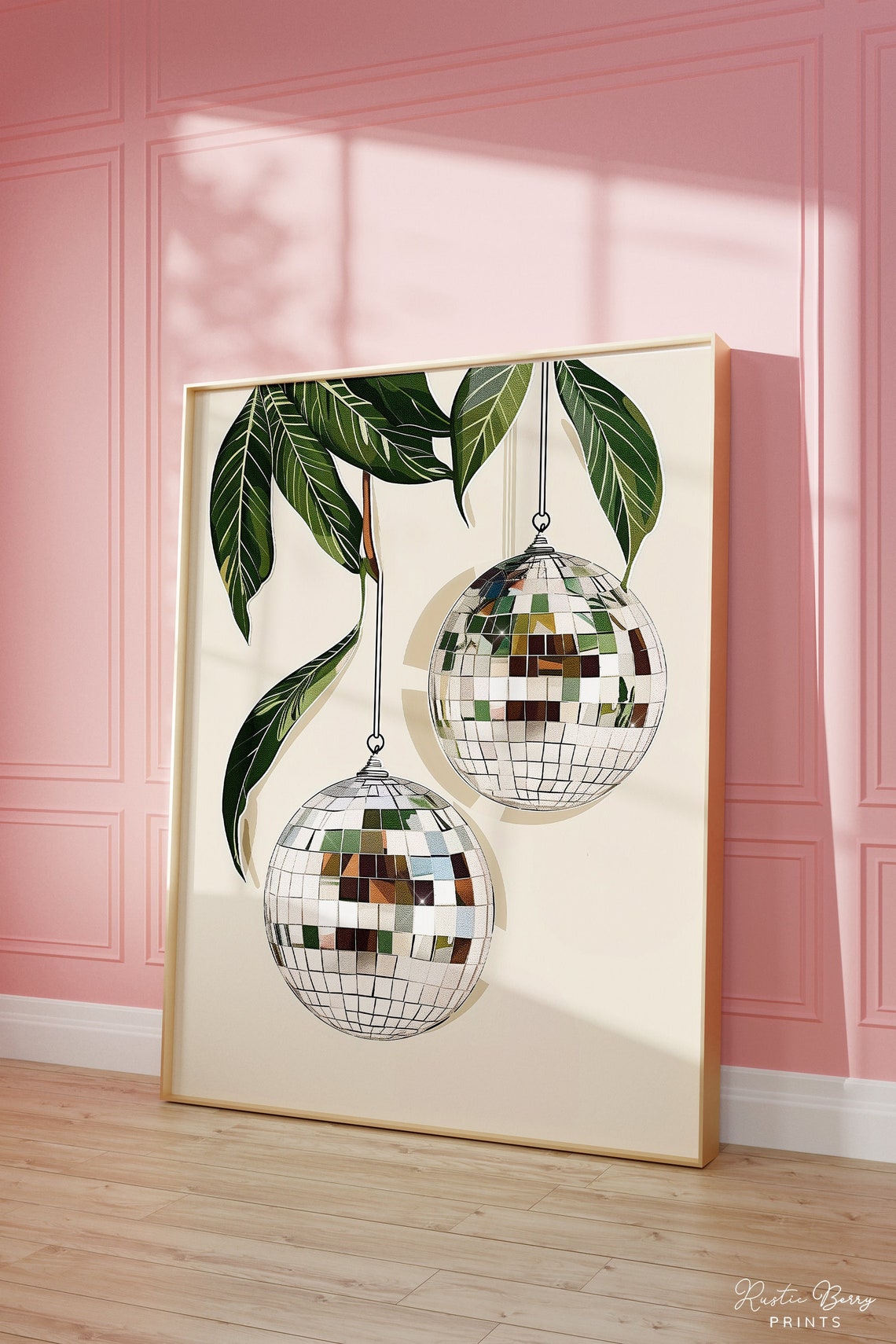 Disco Balls Hanging From Leafy Branch Glam Maximalist Wall Art Poster