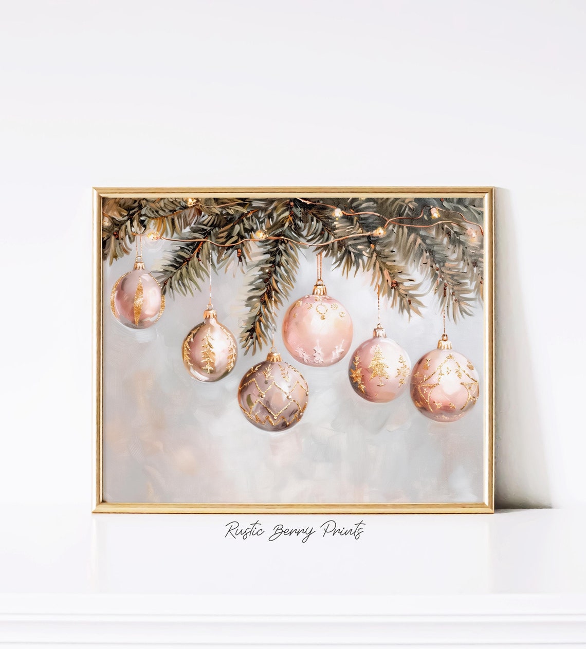 Pink Christmas Ornaments Gold Pine Branch Holiday Wall Art Print